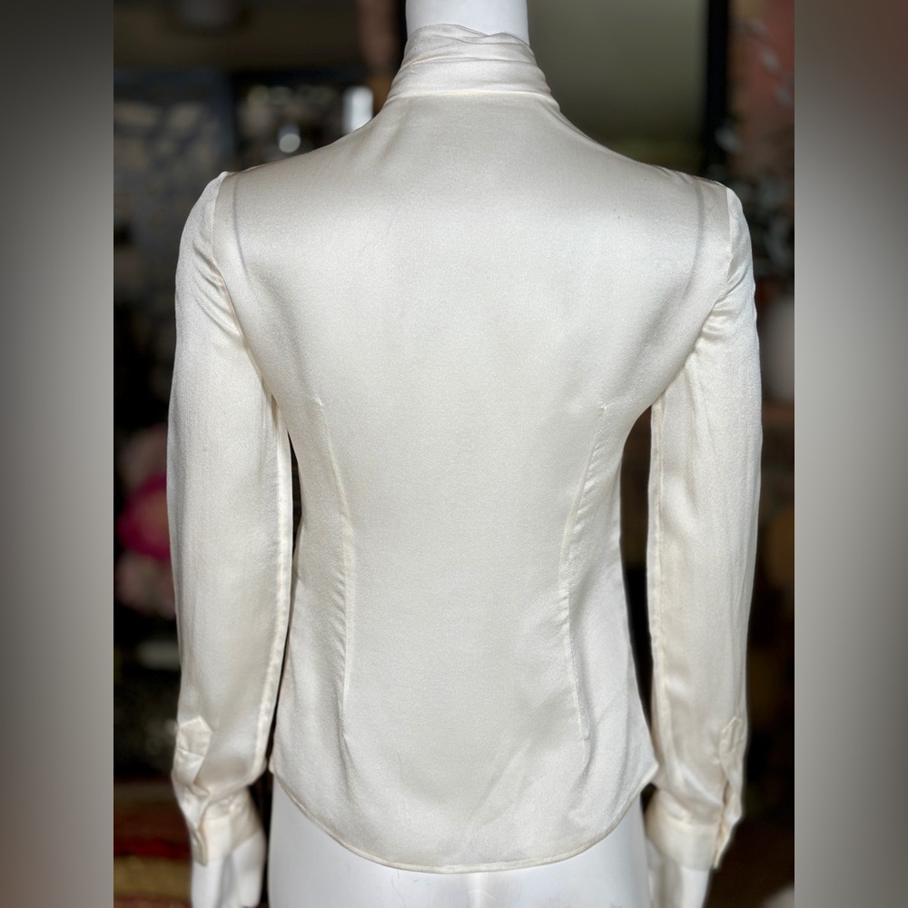 Alexander McQueen Ivory Silk Tie-Neck Button Down Blouse with Black Embroidery - Picture 7 of 15